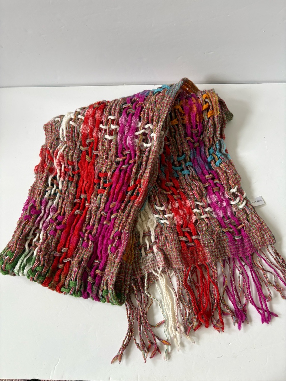 Suantrai of Ireland Wool Long Scarf Loose Weave Pink Red Festival Artsy Boho